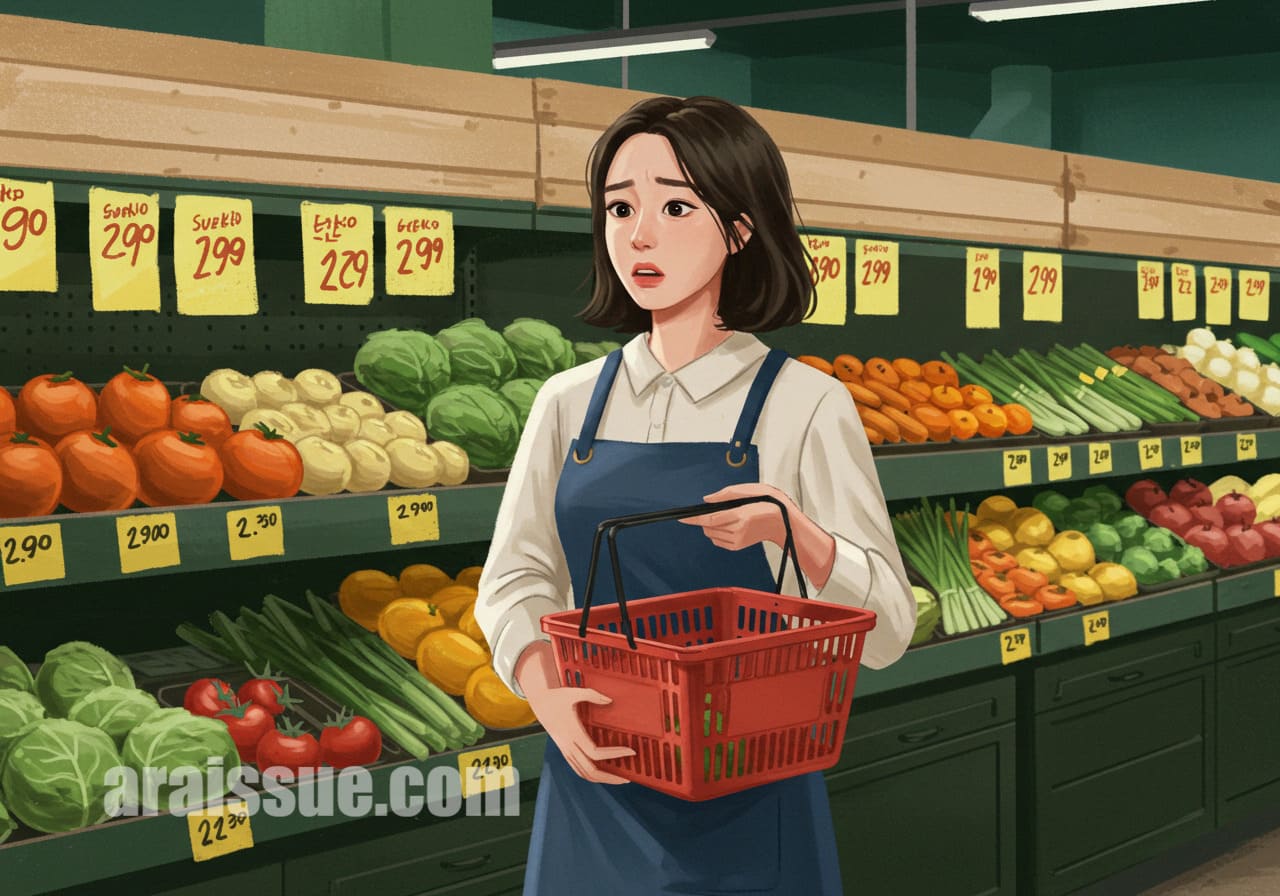 한국 여성이 식료품 바구니를 들고 채소 진열대 앞에 서 있습니다.
가격을 걱정하는 표정이 담긴 반리얼 일러스트 장면입니다.
