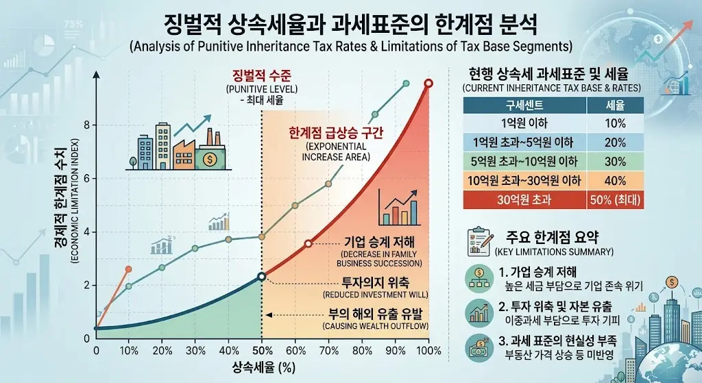 최대 50%의 징벌적 세금을 부과하는 현행 상속세율표와 과세표준 구간의 한계점을 분석하는 경제 그래프
