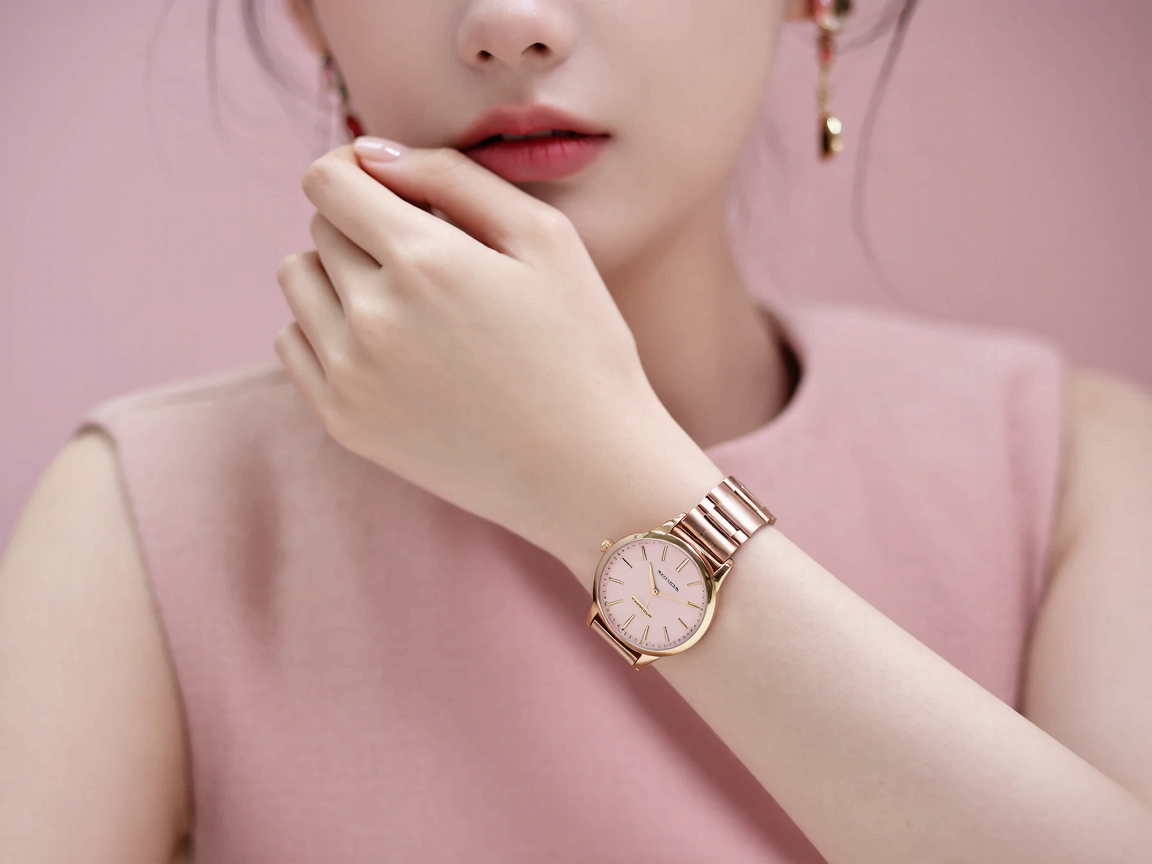핑크색 드레스를 입고 파스텔톤 시계를 착용한 여성의 손목 클로즈업 이미지
