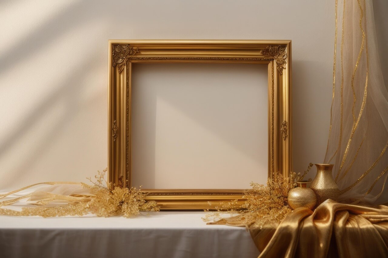 제단위에 놓여있는 황금색의 빈 액자