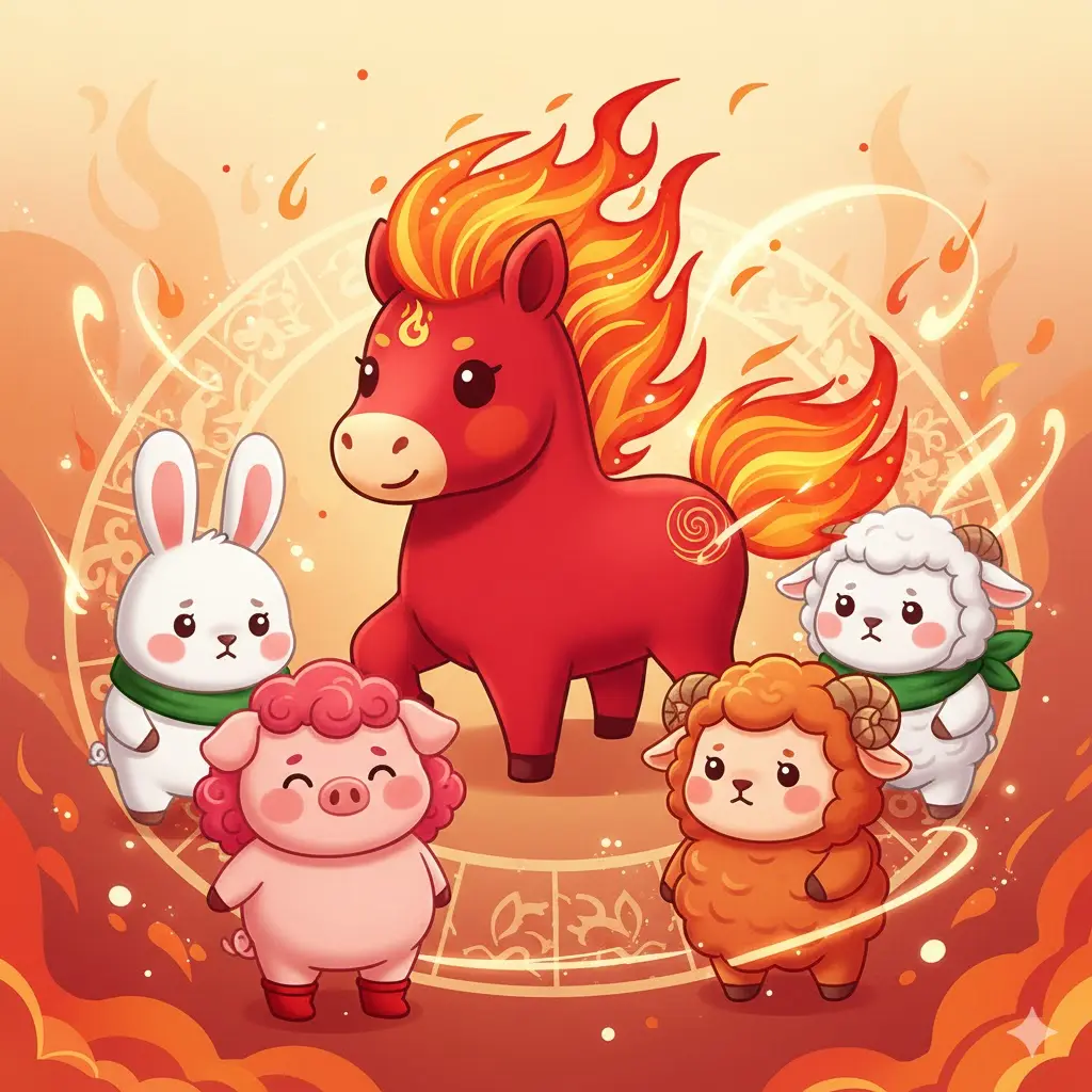 '2026년 붉은 말의 기운과 띠 동물 일러스트'