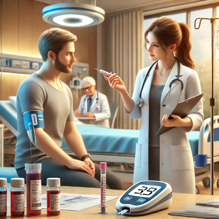 공복 혈당 측정을 위해 병원에서 혈액 샘플을 테스트하는 의사와 환자.
