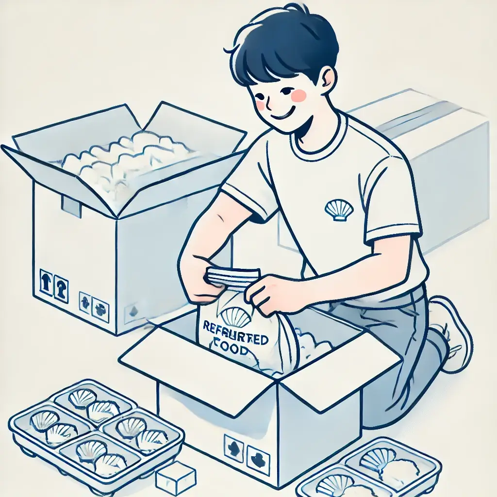 단열 박스에 냉장 음식을 포장하는 모습.