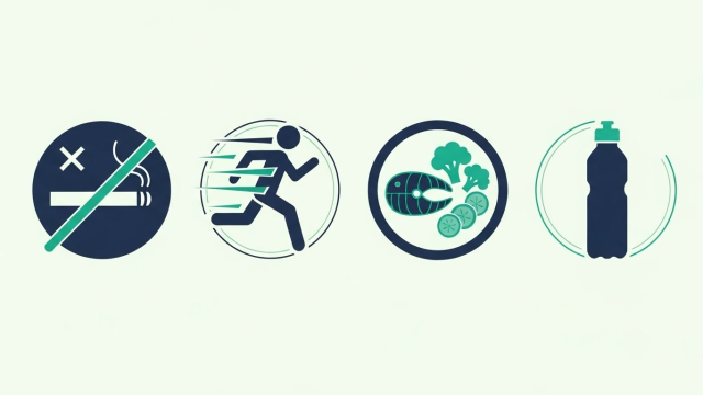 금연&middot;운동&middot;균형 잡힌 식단&middot;체중 관리를 실천하는 생활 장면을 나누어 보여주는 일러스트