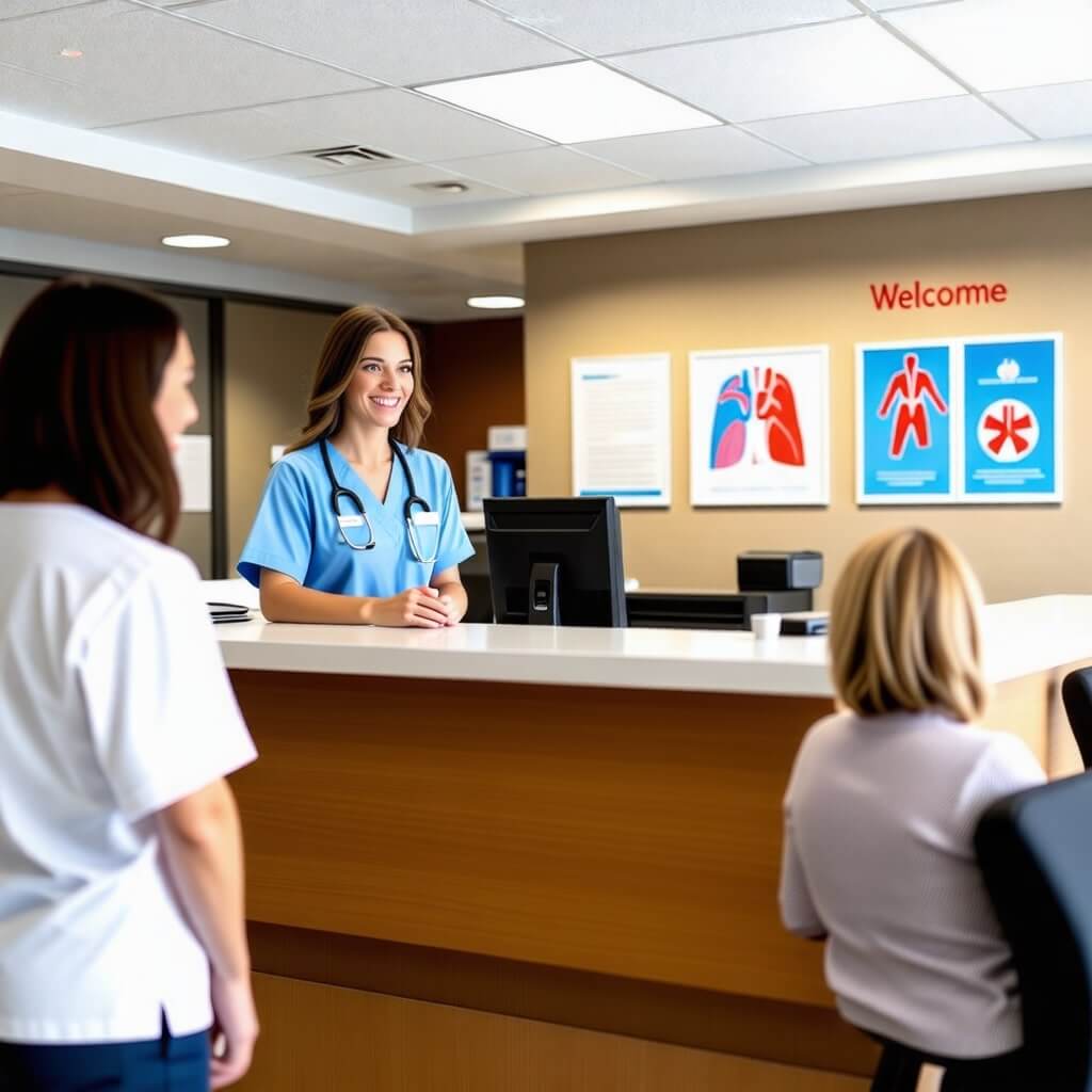 접수대: 보건소의 접수대에서 직원이 환자를 맞이하는 장면, 친절한 미소를 짓고 있는 모습