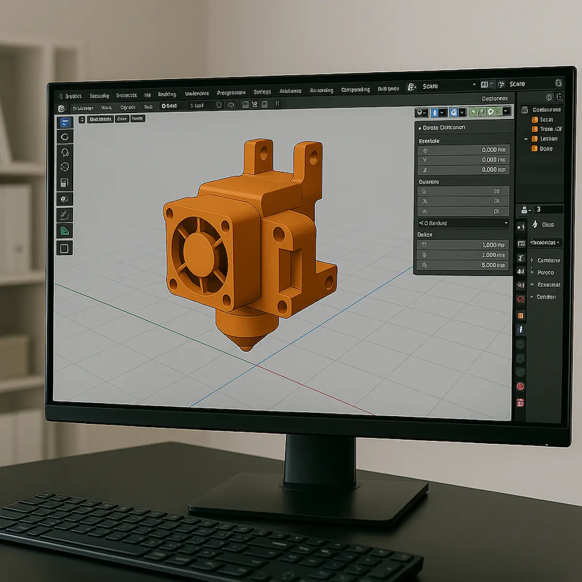 컴퓨터 화면에 3D모델링 디자인 프로세스가 표시된 모습, 인물 없이 작업 중인 장면