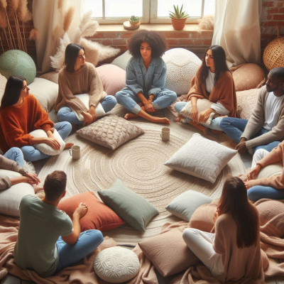 다양한 사람들로 구성된 그룹이 대화하는 장면, 책장이 배경에 있다.