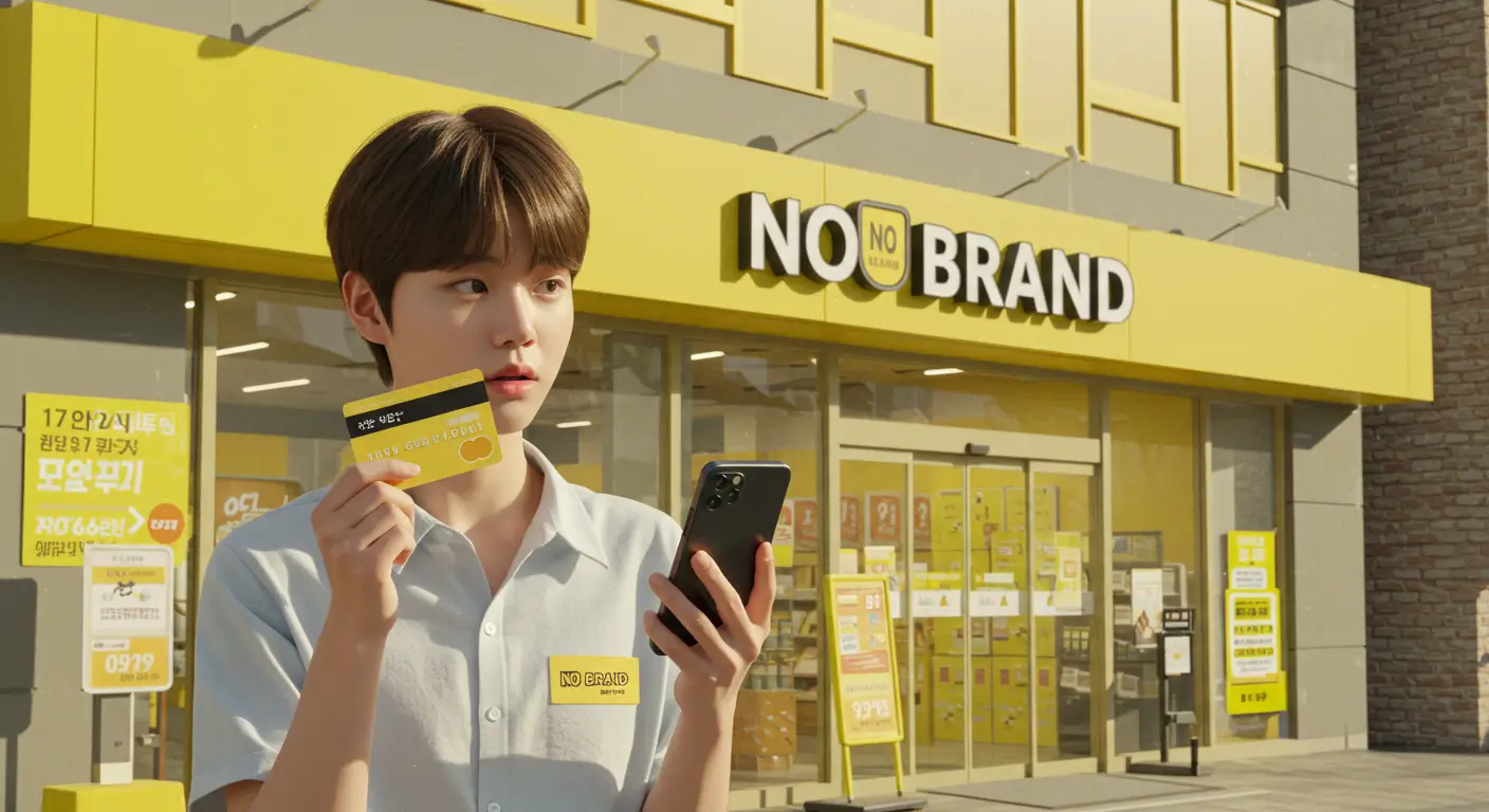 한 쇼핑객이 노브랜드 매장 앞에서 민생회복 소비쿠폰 카드와 스마트폰을 번갈아 보며 사용 가능한지 고민하는 모습