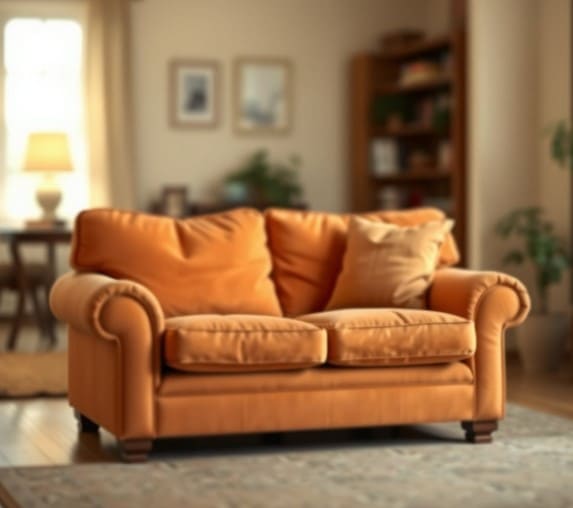 집 안 거실에 오래된 2인용 주황색 소파가 있습니다.