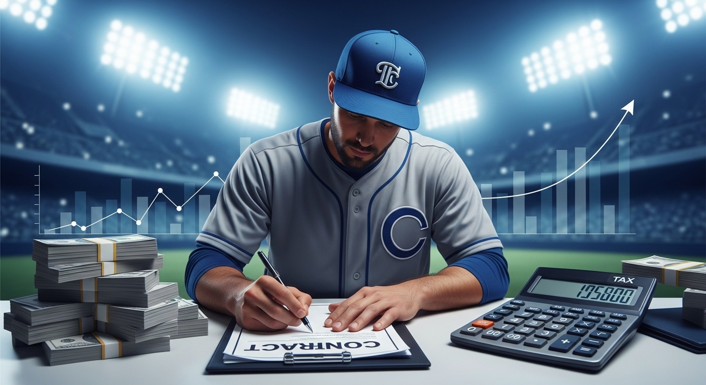 푸른색 유니폼을 입은 프로야구 선수가 계약서에 서명하고 있으며, 옆에는 돈다발과 세금 계산기가 놓여 있어 FA 계약의 재정적 측면을 상징합니다.