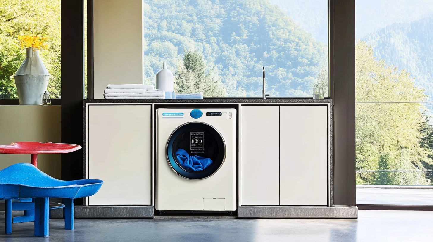 우아한 세탁실 환경에 놓인 삼성 세탁건조기의 현대적이고 세련된 디자인이 큰 도어 및 디지털 표시 패널과 함께 강조됩니다.