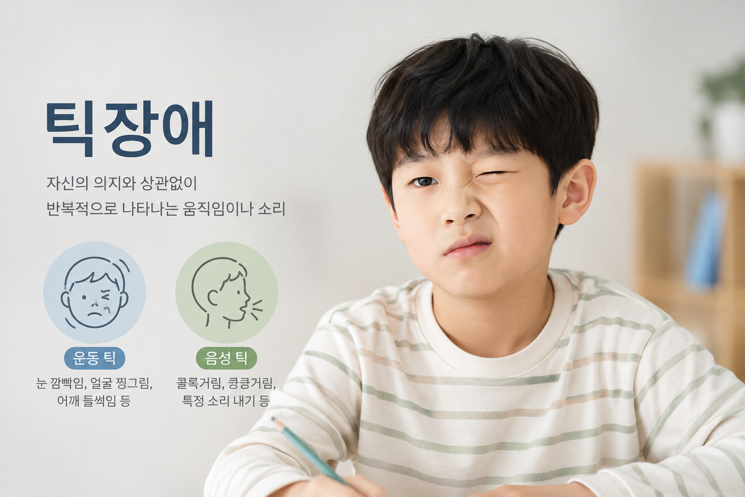 간단한 틱장애 설명글과 얼굴을 찡그리고 있는 아이 모습