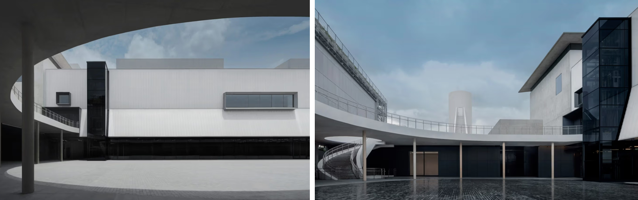 Dib Bangkok 미술관 중정과 입구 공간, 곡선형 캐노피와 유리 구조가 조화를 이루는 모던 건축 디자인