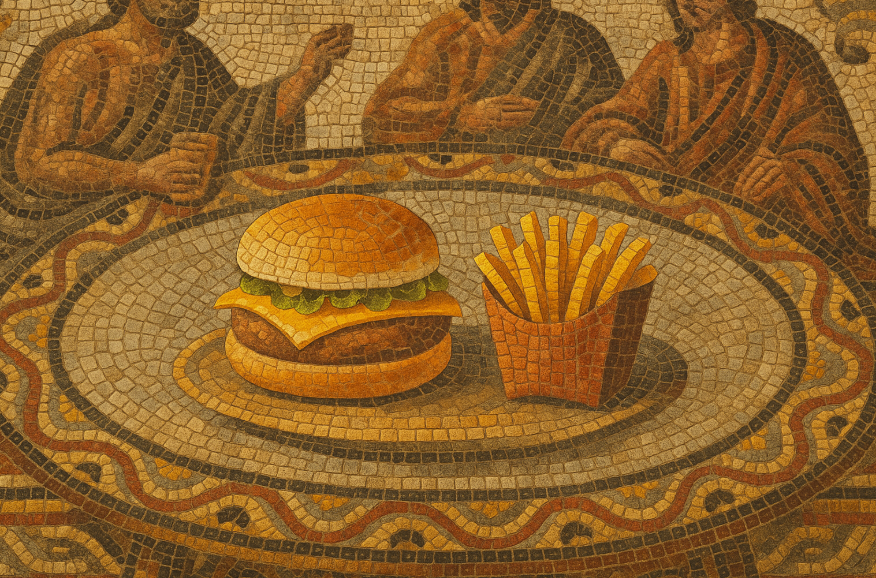 고대 로마 모자이크 양식으로 꾸며진 장면. 토가를 입은 인물들이 둥근 식탁에 둘러앉아 햄버거와 감자튀김을 즐기는 모습 이미지