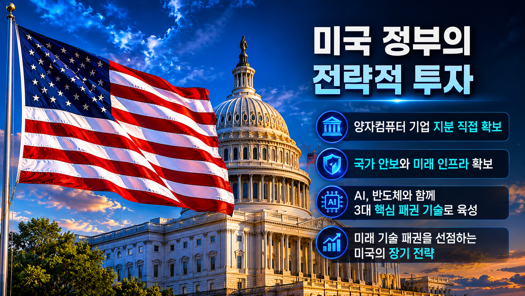 US Capitol and American flag symbolizing government investment in quantum computing technology