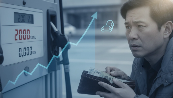 고유가 시대, 높은 기름값에 걱정하며 지갑을 확인하는 운전자의 모습. 주유기 화면에는 ℓ당 2천 원이 넘는 주유비가 표시되어 있습니다.