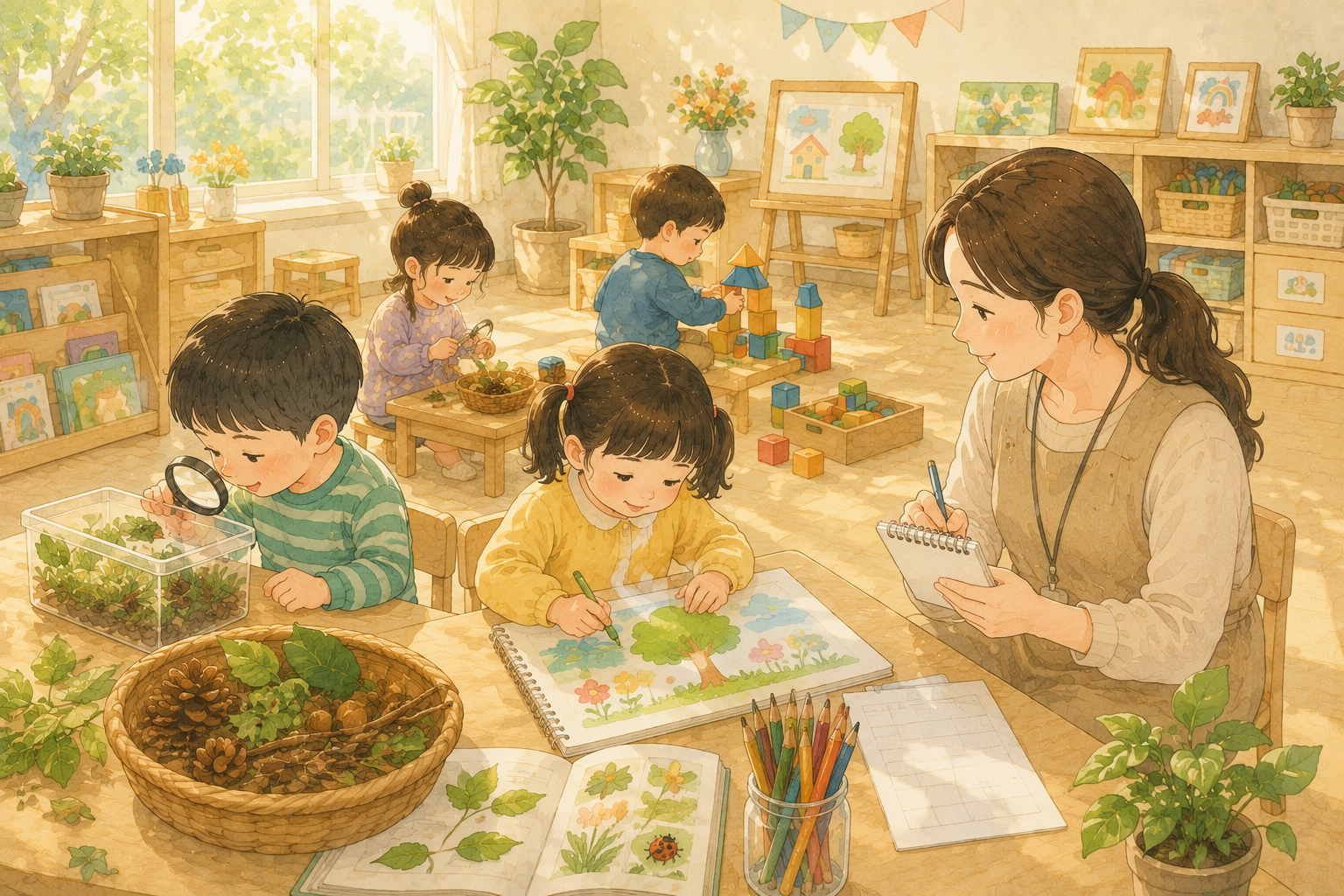 따뜻한 햇살 속 유치원 교실
