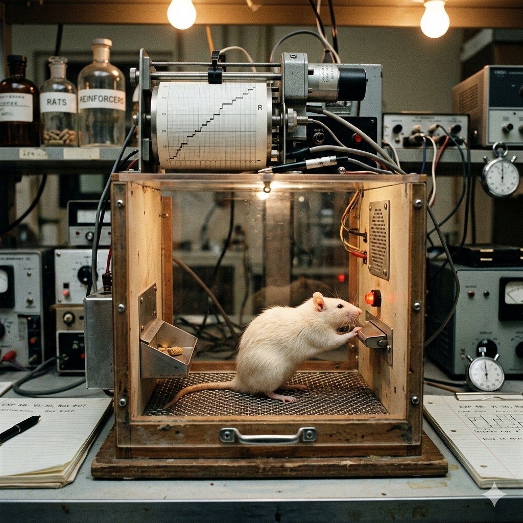 스키너의 상자실험 : 쥐가 지렛대를 누르면 먹이가 나오게 설계된 상자를 통해 조작적 조건화를 증명한 실험을 설명하는 예시