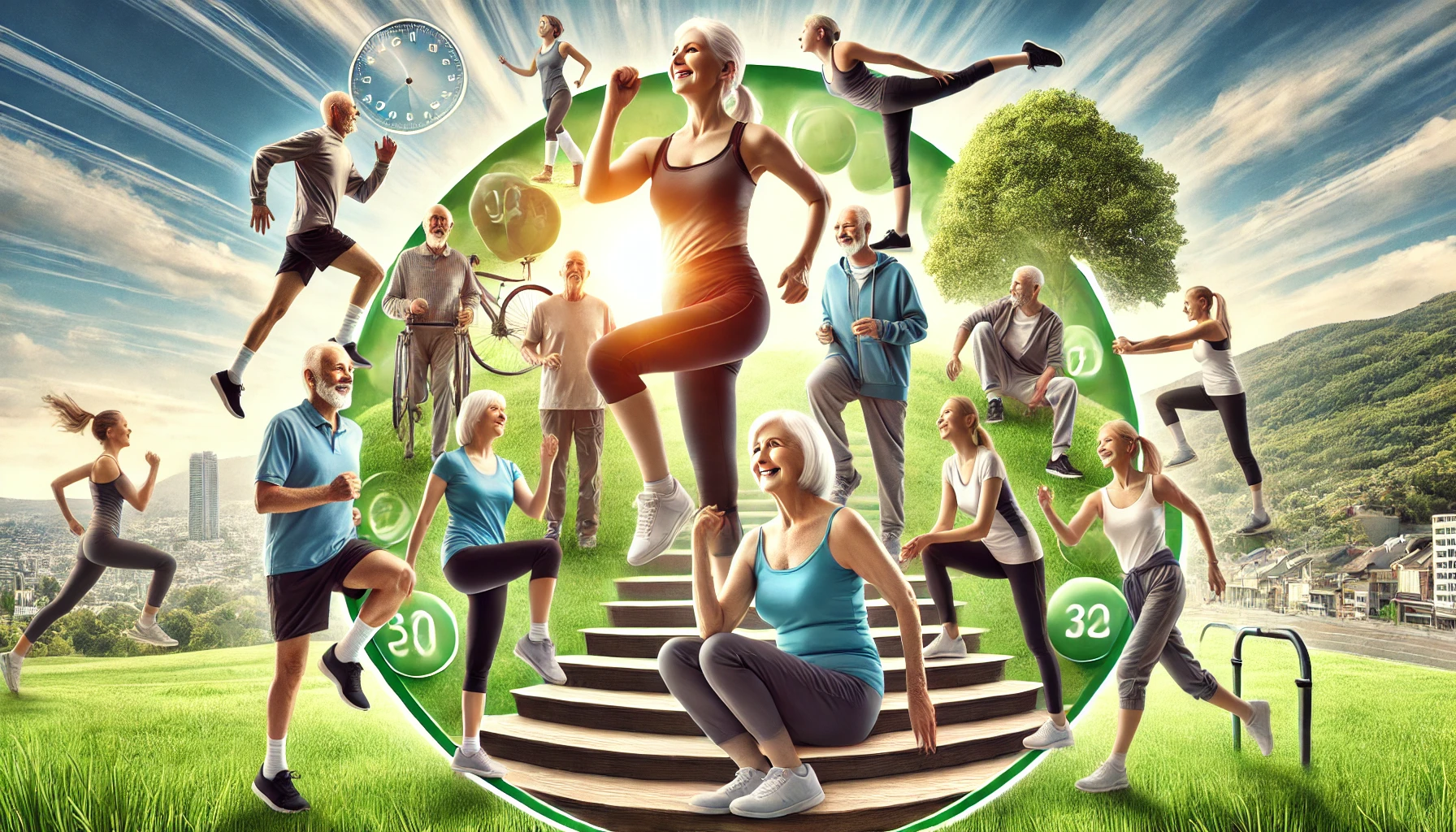 걷기, 러닝, 계단 운동 등 저속노화를 위해 운동하는 사람들 이미지