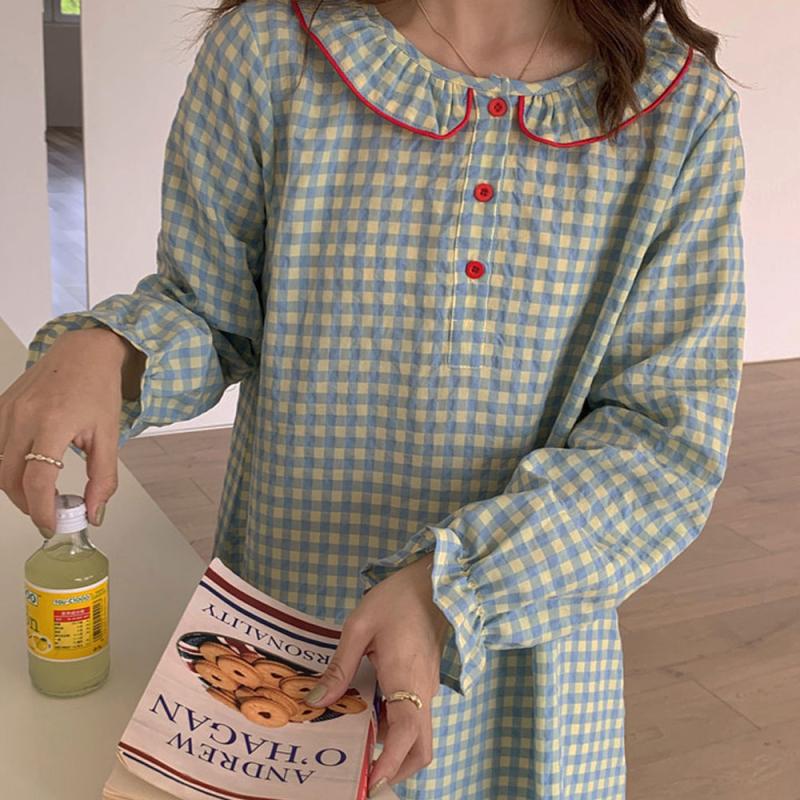 무드문 초록체크 긴팔 원피스 파자마 잠옷