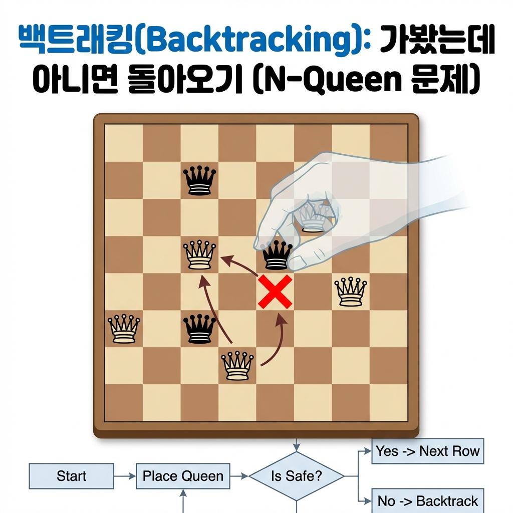 체스판 위에서 퀸을 배치하며 서로 공격할 수 없는 위치를 찾는 N-Queen 문제의 과정과, 조건에 맞지 않을 경우 이전 단계로 돌아가는 백트래킹(Backtracking)의 논리 흐름도를 시각적으로 설명하는 이미지