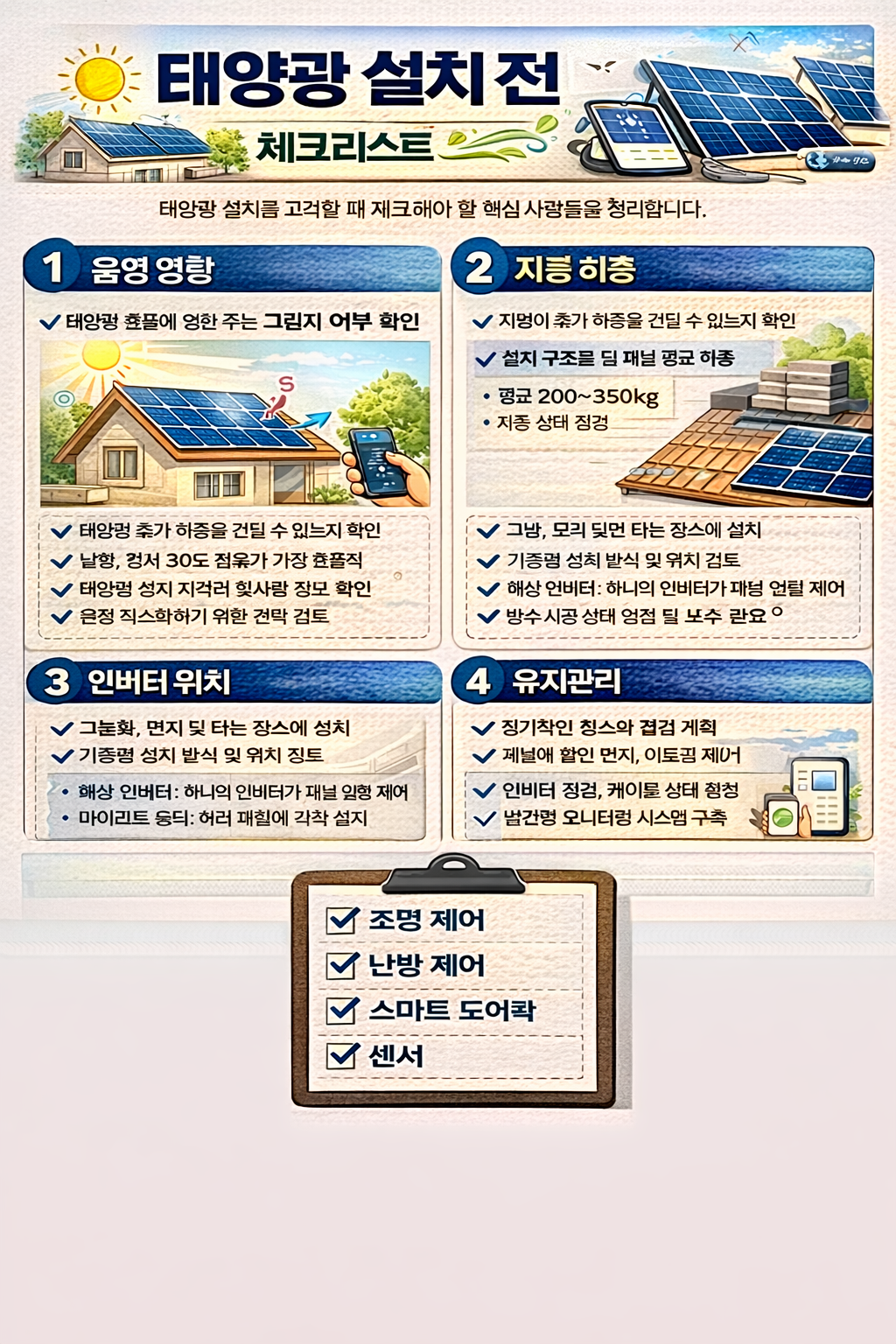 태양광 설치 전 체크리스트 음영 지붕 하중 인버터 위치 유지관리