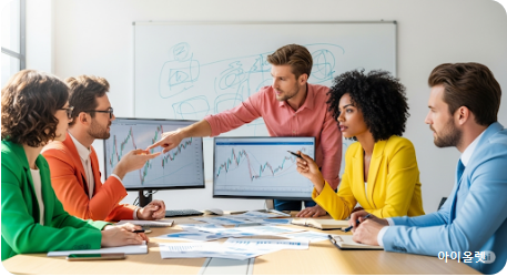 외국인 투자자들이 한국 시장 지도를 검토하는 장면