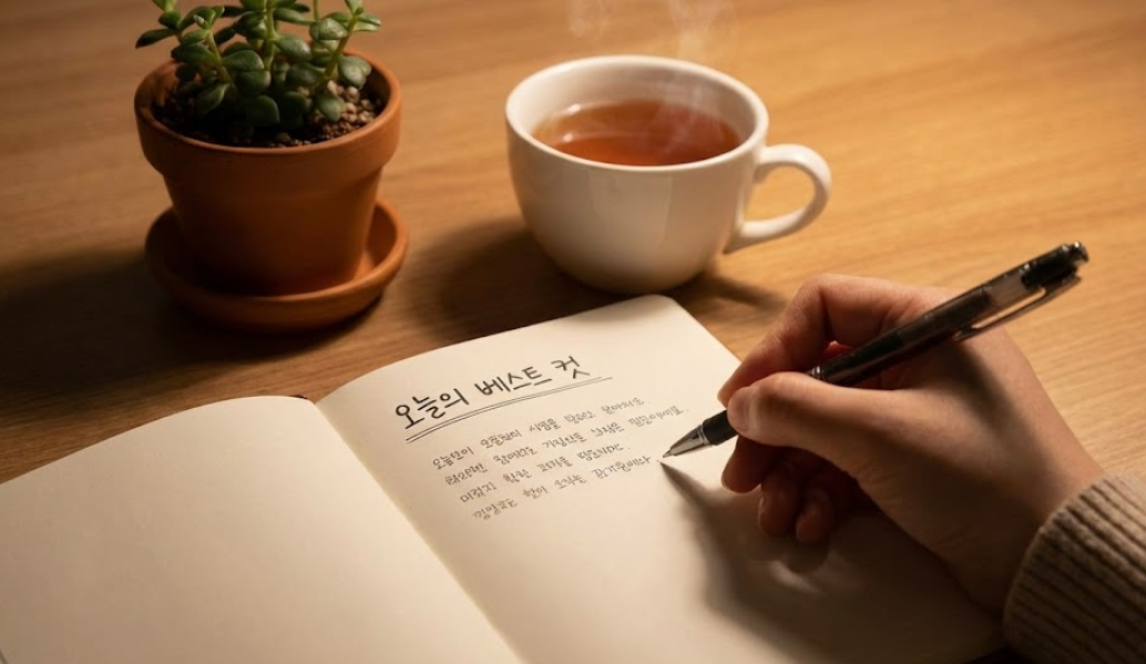 따뜻한 조명 아래에서 펜을 들고 일기장에 '오늘의 베스트 컷'을 적고 있는 모습