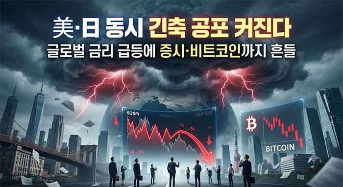 미·일 긴축 공포로 증시와 비트코인이 하락하는 모습을 담은 이미지.