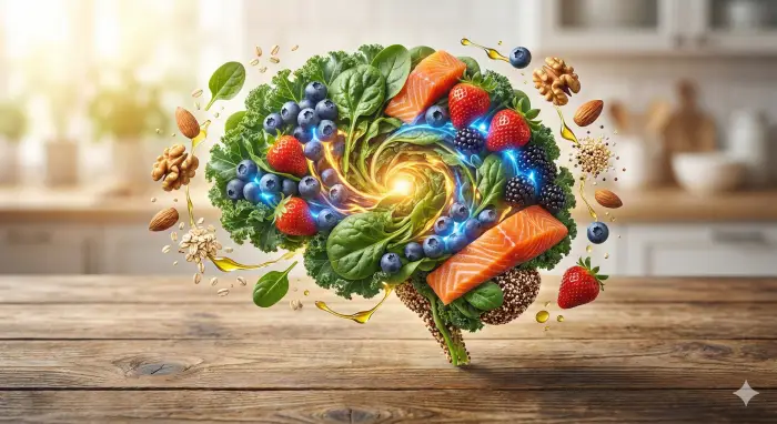 나무 테이블 위에서 신선한 블루베리, 딸기, 시금치, 호두, 아몬드, 연어 조각 등 MIND 식단 재료들이 소용돌이치며 모여 빛을 발하는 인간의 뇌 모양을 형성하고 있는 모습을 담은 음식 사진.