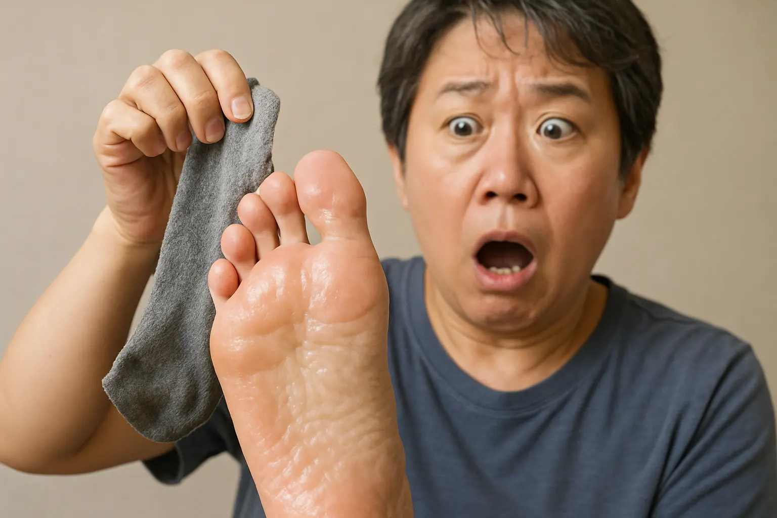 신발을 벗은 후 축축한 양말을 들고 있는 40~50대 남성, 발바닥에 땀이 맺힌 모습 확대, 놀라거나 당황한 표정