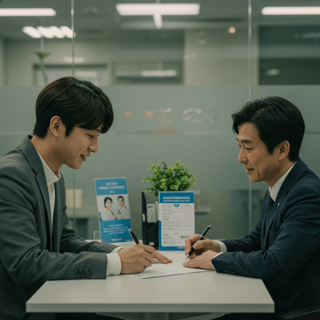 상담원이 내담자에게 건강보험 또는 국민연금에 대해 친절하게 설명해주는 이미지