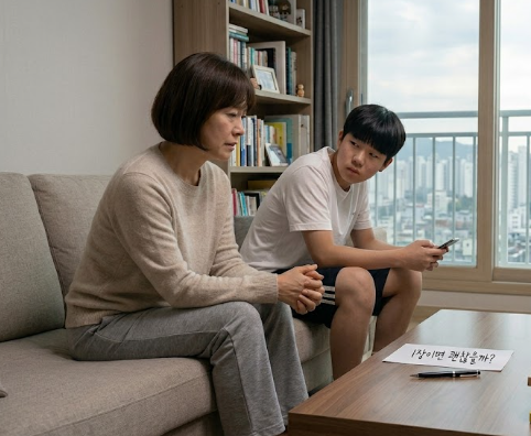 사춘기 아들이 엄마에게 거실 테이블 위의 글을 보며 질문하는 모습