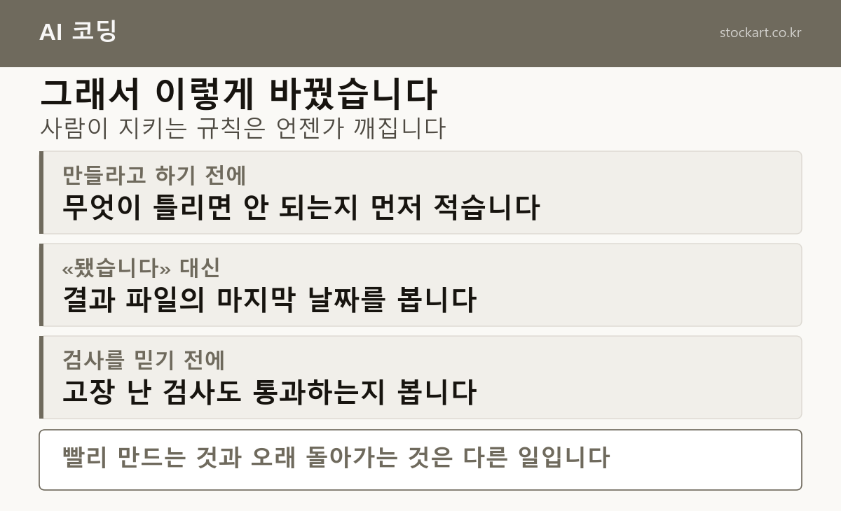 사고 뒤에 바꿈 세 가지 규칙 — 틀리면 안 되는 것 먼저 적기, 결과 파일 날짜 보기, 검사를 의심하기