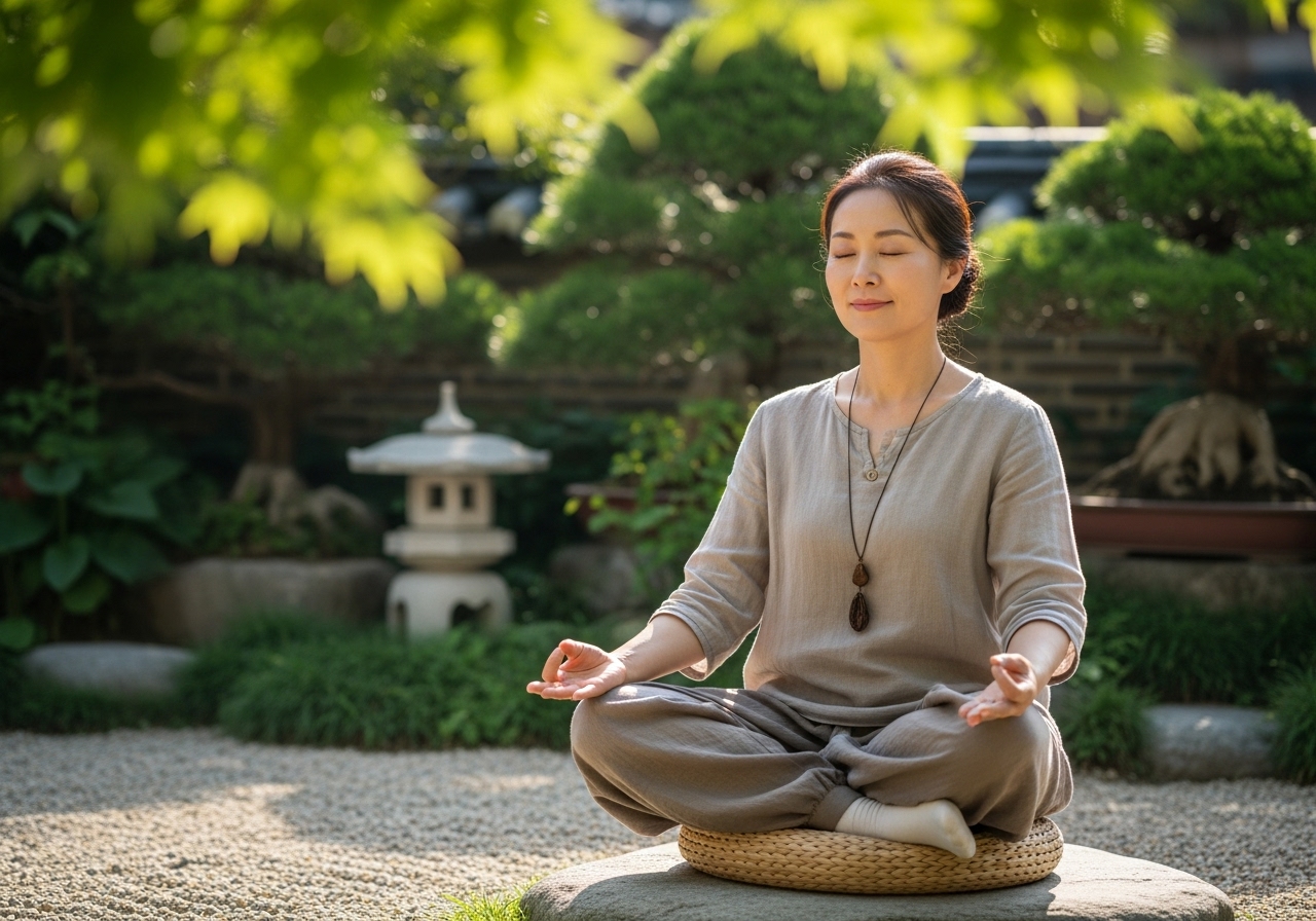 50대 한국인 여성이 정원에서 호흡 명상