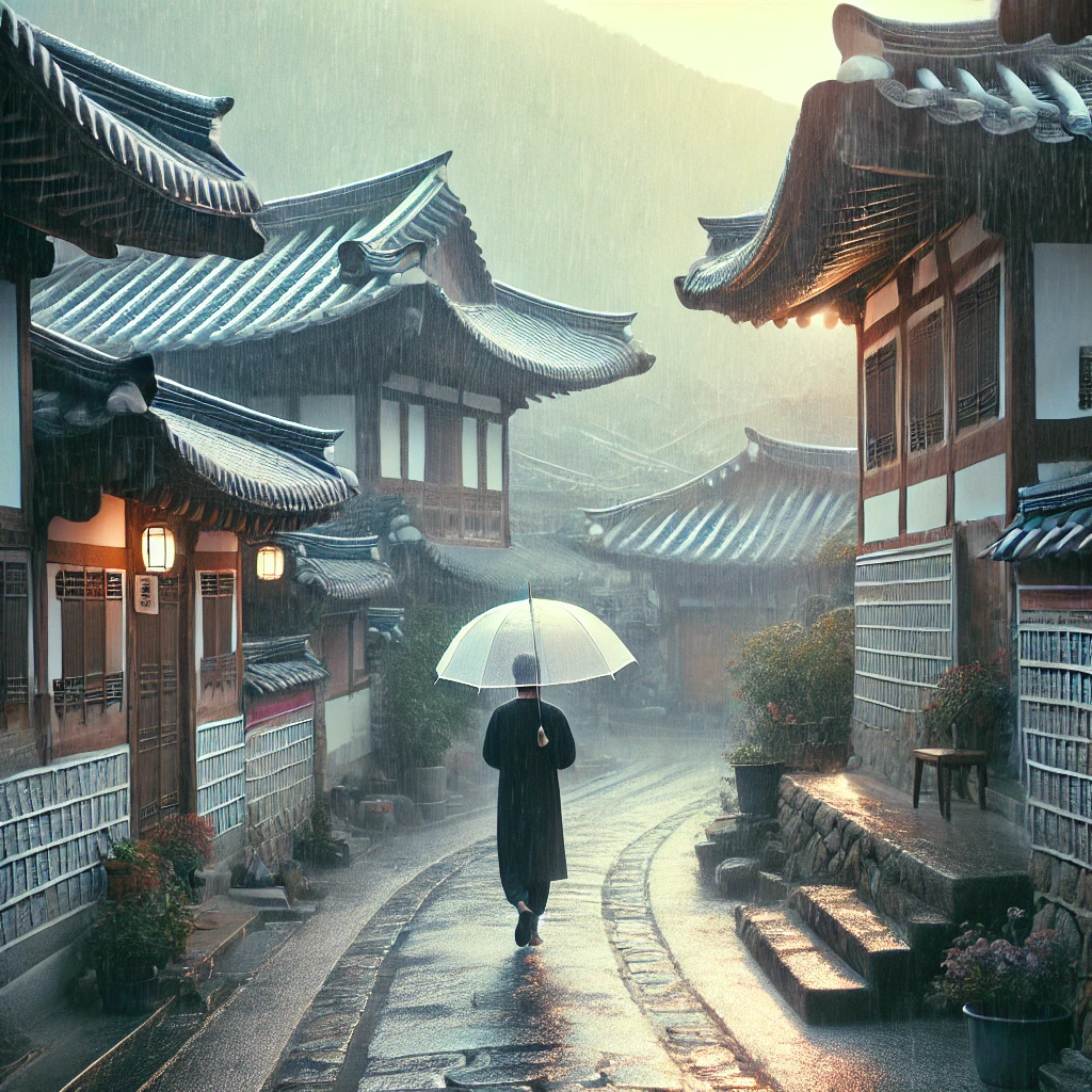 비오는날 우산들고 한옥길을 산책하는 남자