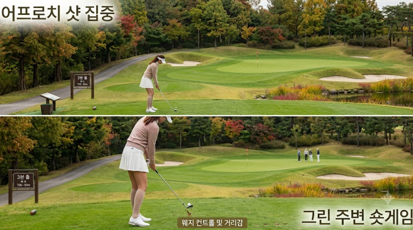 alt="루이힐스 골프클럽 숏게임 어프로치 및 퍼팅 연습하는 모습"