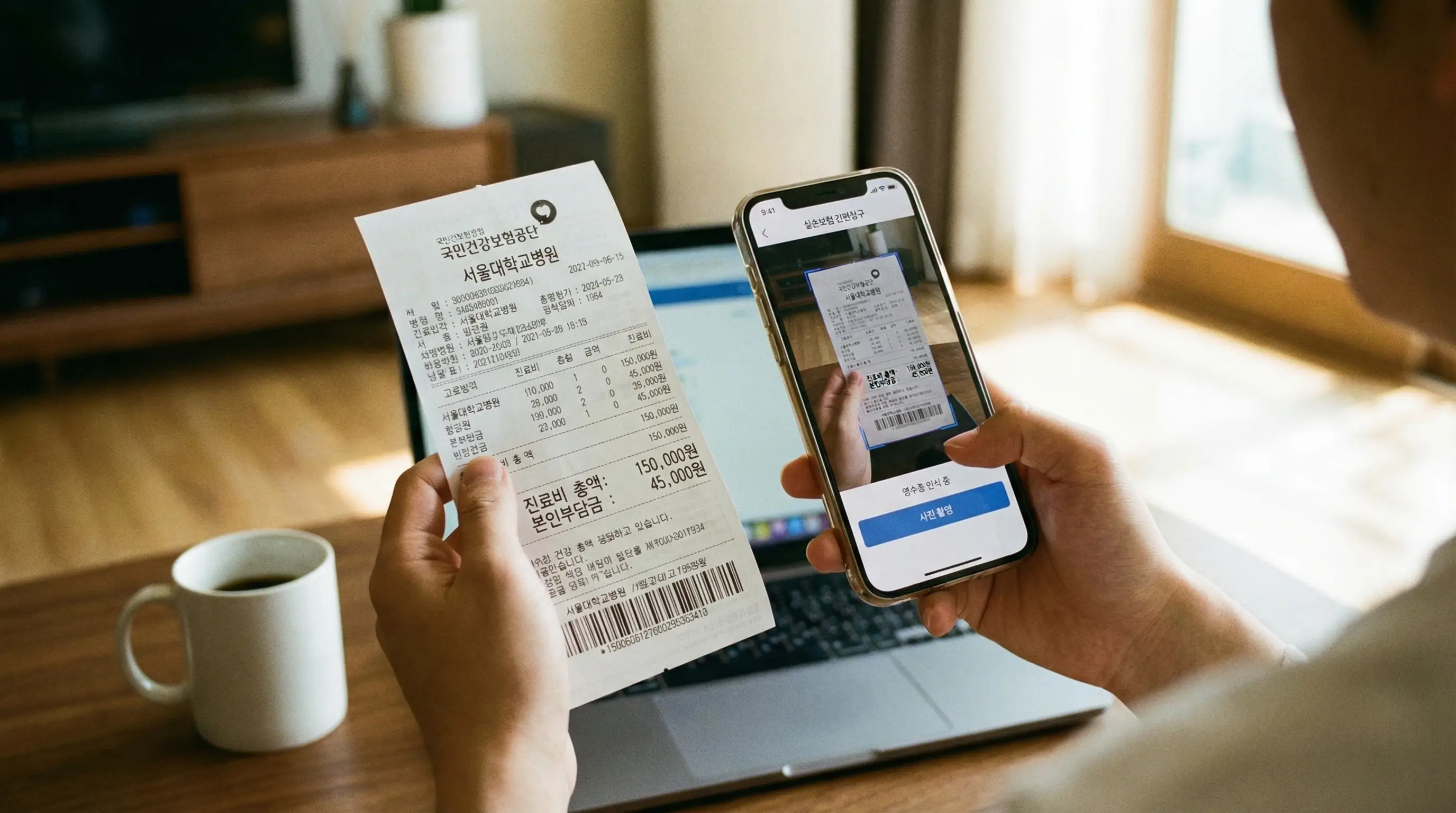 병원 진료비 영수증을 손에 들고 스마트폰으로 간편하게 보험금을 청구하려는 모습