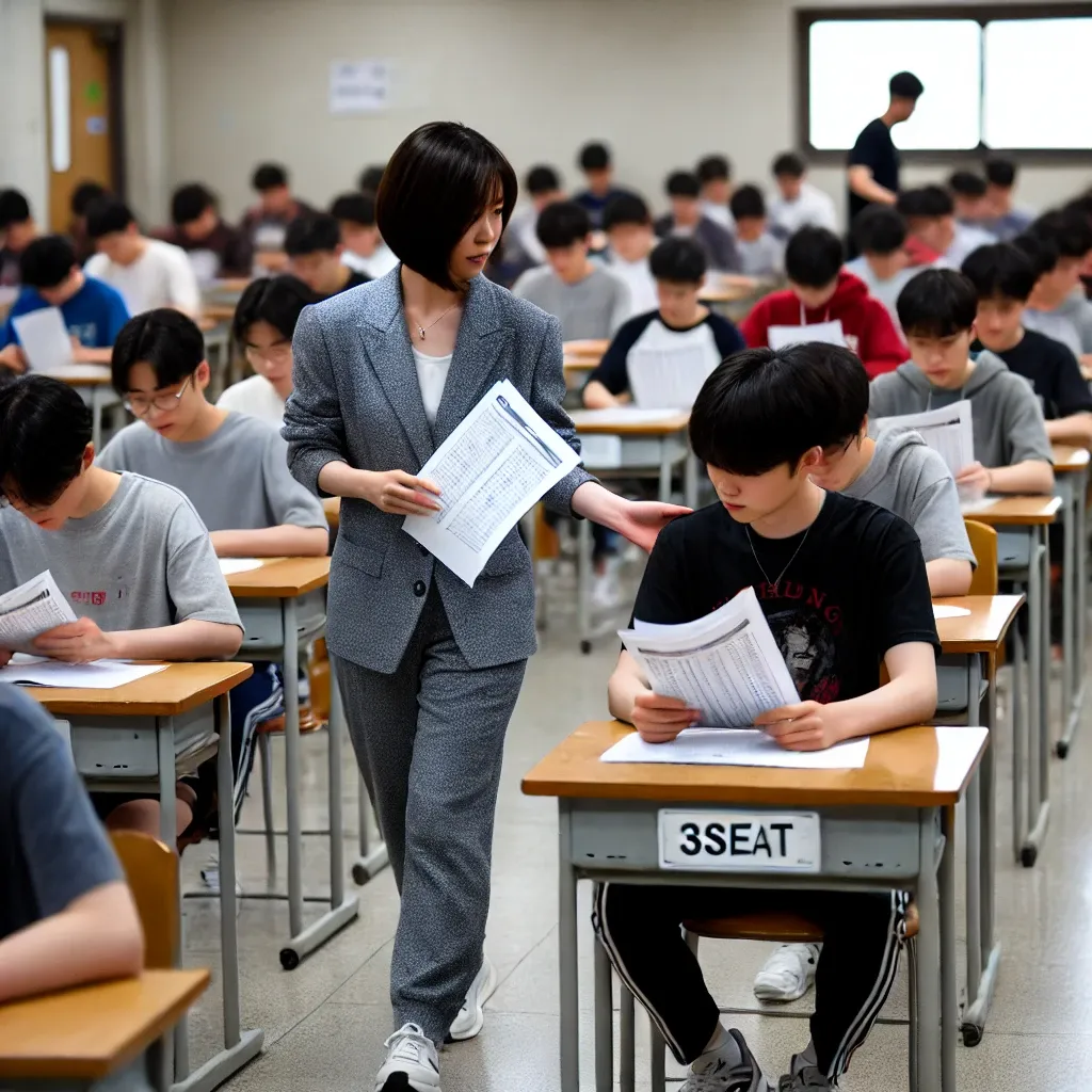 수능 시험장에서 시험지를 배포하는 한국 선생님&amp;#44; 학생들은 책상에 앉아 시험 시작을 기다리고 있음