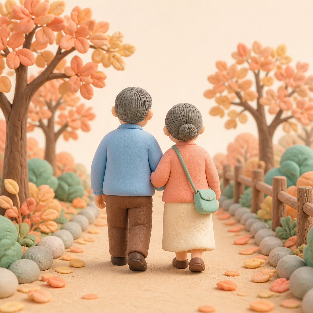 공원 산책길을 천천히 함께 걷는 노부부