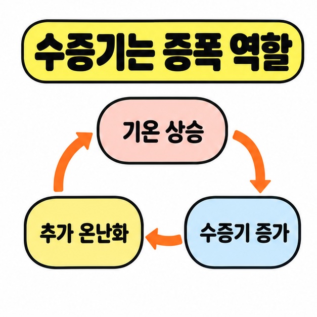 기온 상승에서 수증기 증가와 추가 온난화를 거쳐 다시 기온 상승으로 이어지는 삼각형 순환 도식