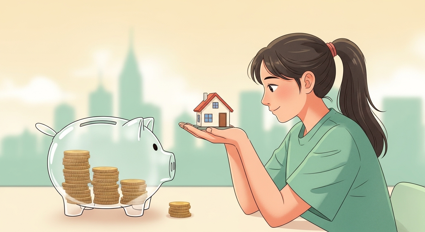 젊은 사람이 미니어처 집과 저금통 속 동전을 보며 내 집 마련의 꿈을 키우는 모습