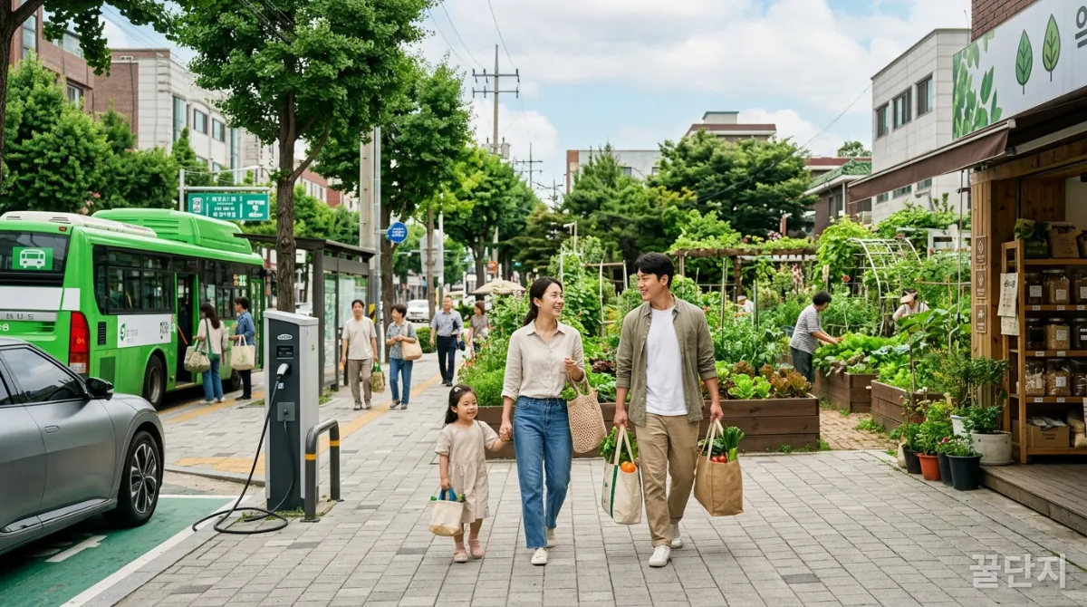 한국 가족이 친환경 매장에서 재사용 가방을 들고 쇼핑하고, 배경에 커뮤니티 정원이 있는 지속 가능한 소비 장면