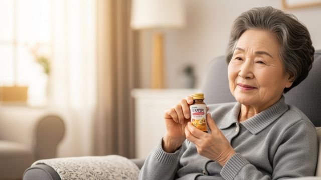 고령자가 영양음료를 손에 들고 있는 모습