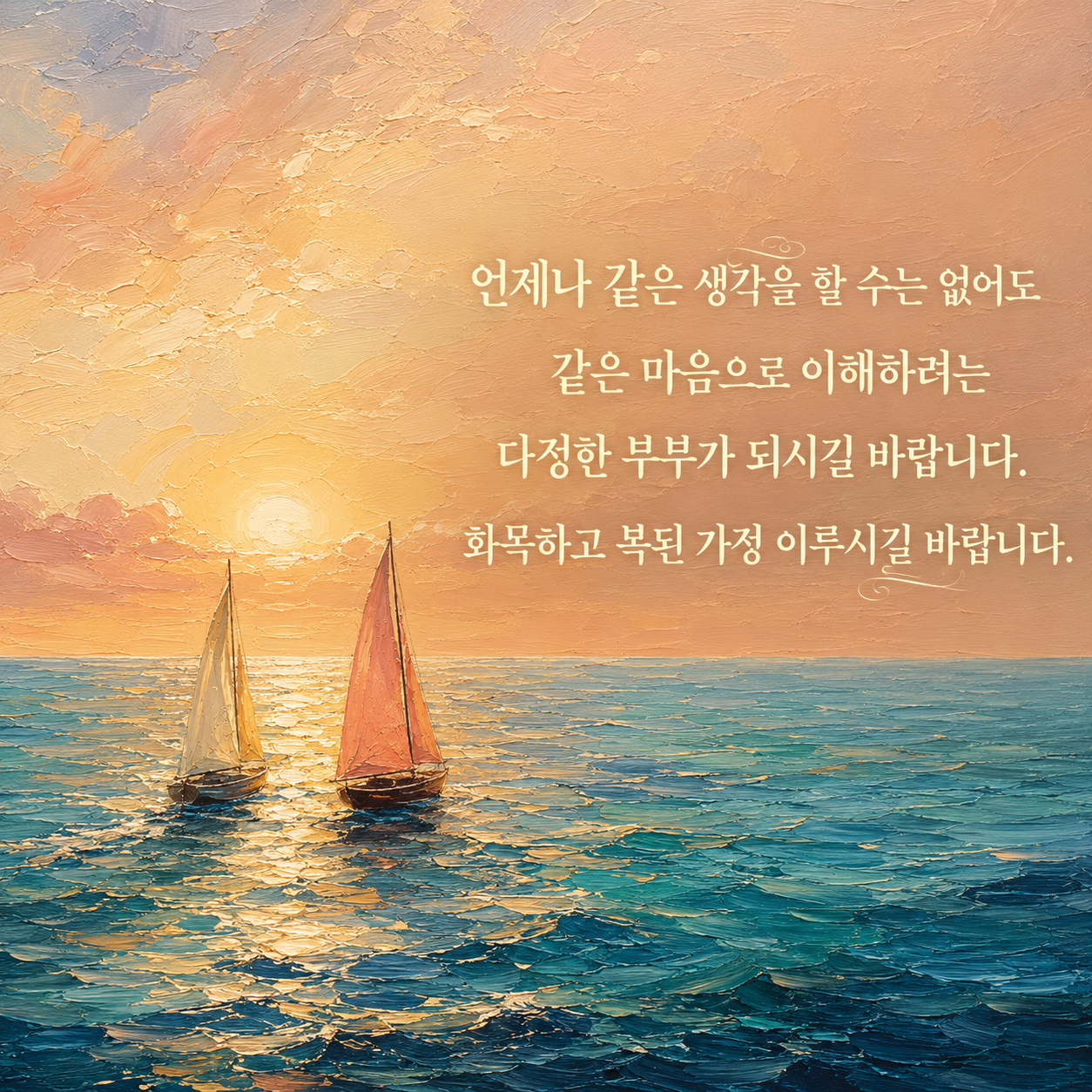 결혼 축하 문구 12 - 서로를 같은 마음으로 이해하며 화목하고 복된 가정을 이루길 바라는 글귀