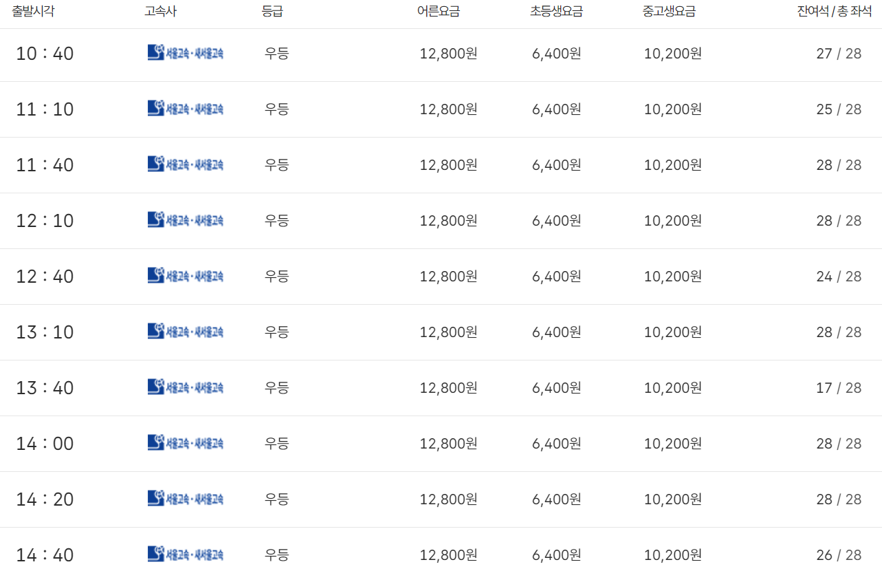 청주터미널 출발 서울 도착 버스 시간표 10시30분 14시 40분