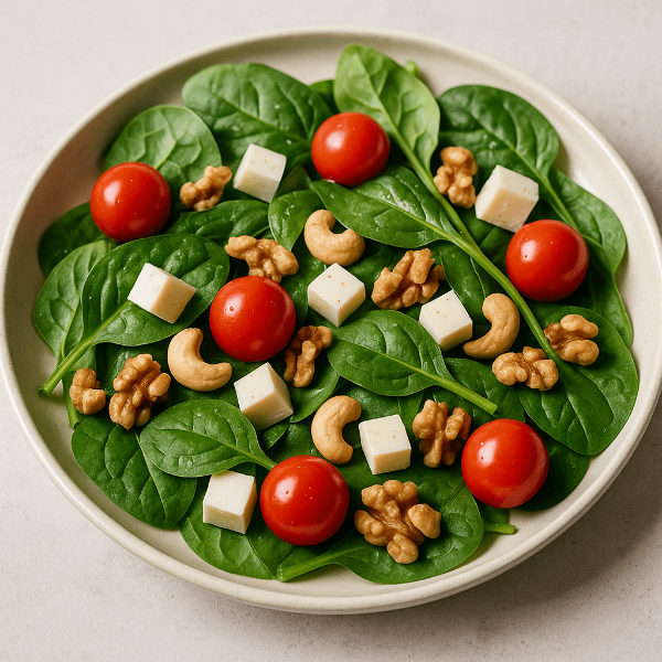 치즈와 견과류, 토마토가 곁들여진 시금치 샐러드