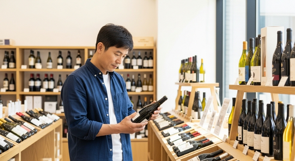 와인 샵에서 상품을 고르는 남성