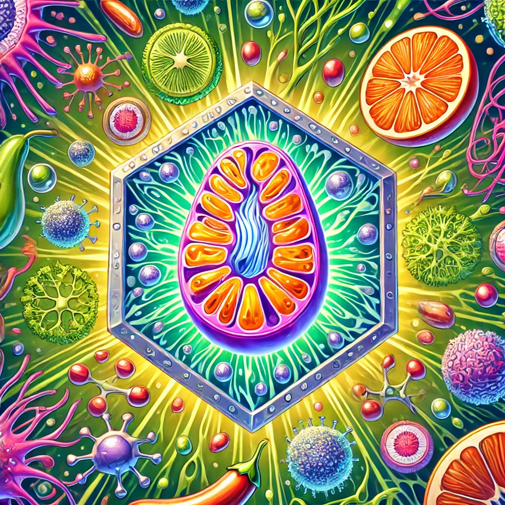 미토콘드리아를 형상화한 작은 보석이 세포 구조물 사이에 놓여 있고&amp;#44; 그 주변을 항산화 물질과 건강한 식단(신선한 과일&amp;#44; 채소)이 보석을 수호하는 기사나 방패처럼 둘러싼 그림