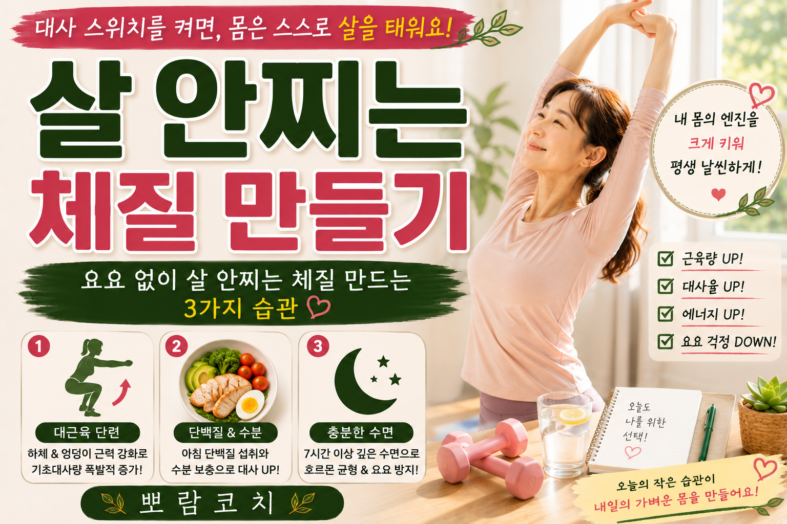 창가 옆에서 밝고 건강한 미소를 지으며 활기차게 기지개를 켜고 있는 감성 사진